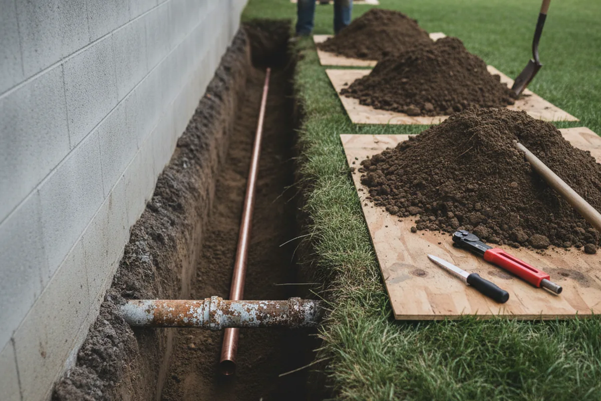 Excavated water line trench during Water Softener Installation in Earlimart